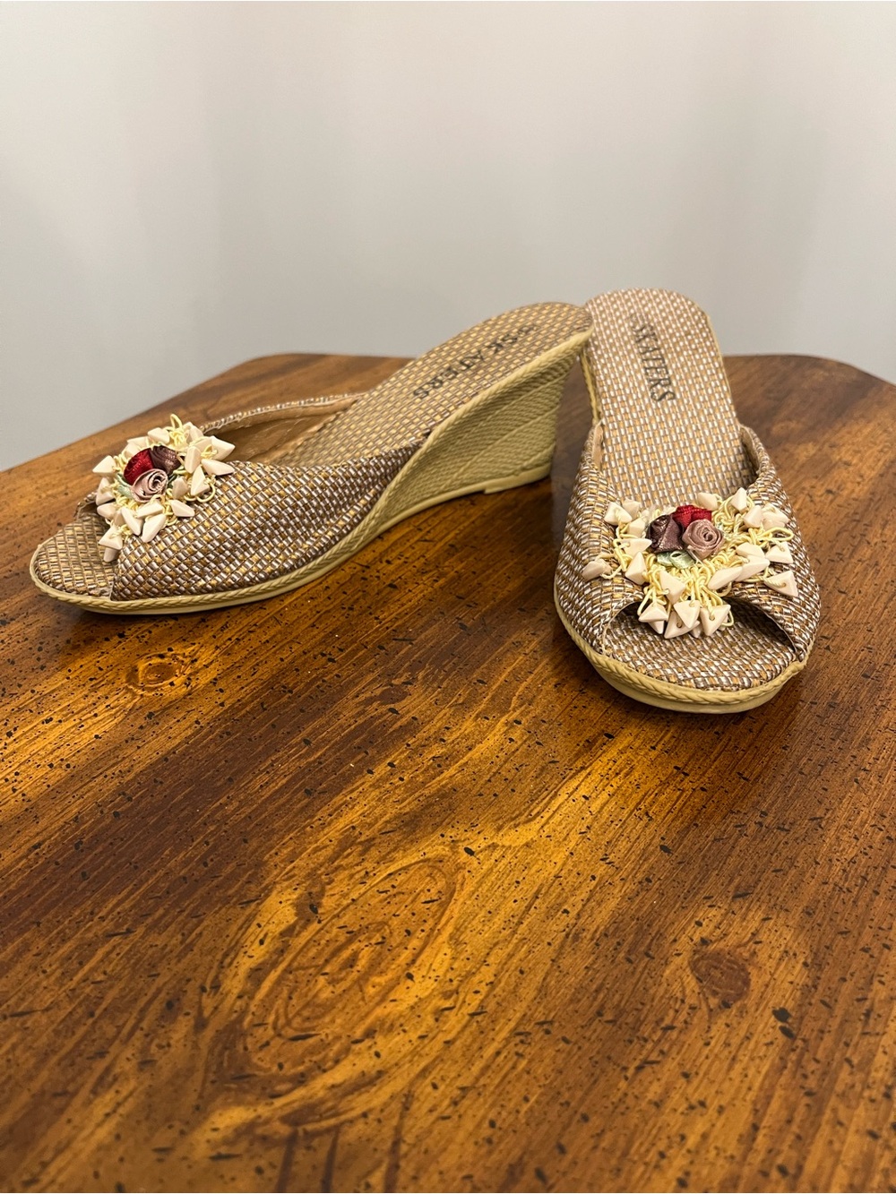 Skaters Woven Beige Wedge Slide Sandals with Floral Accent Size 37